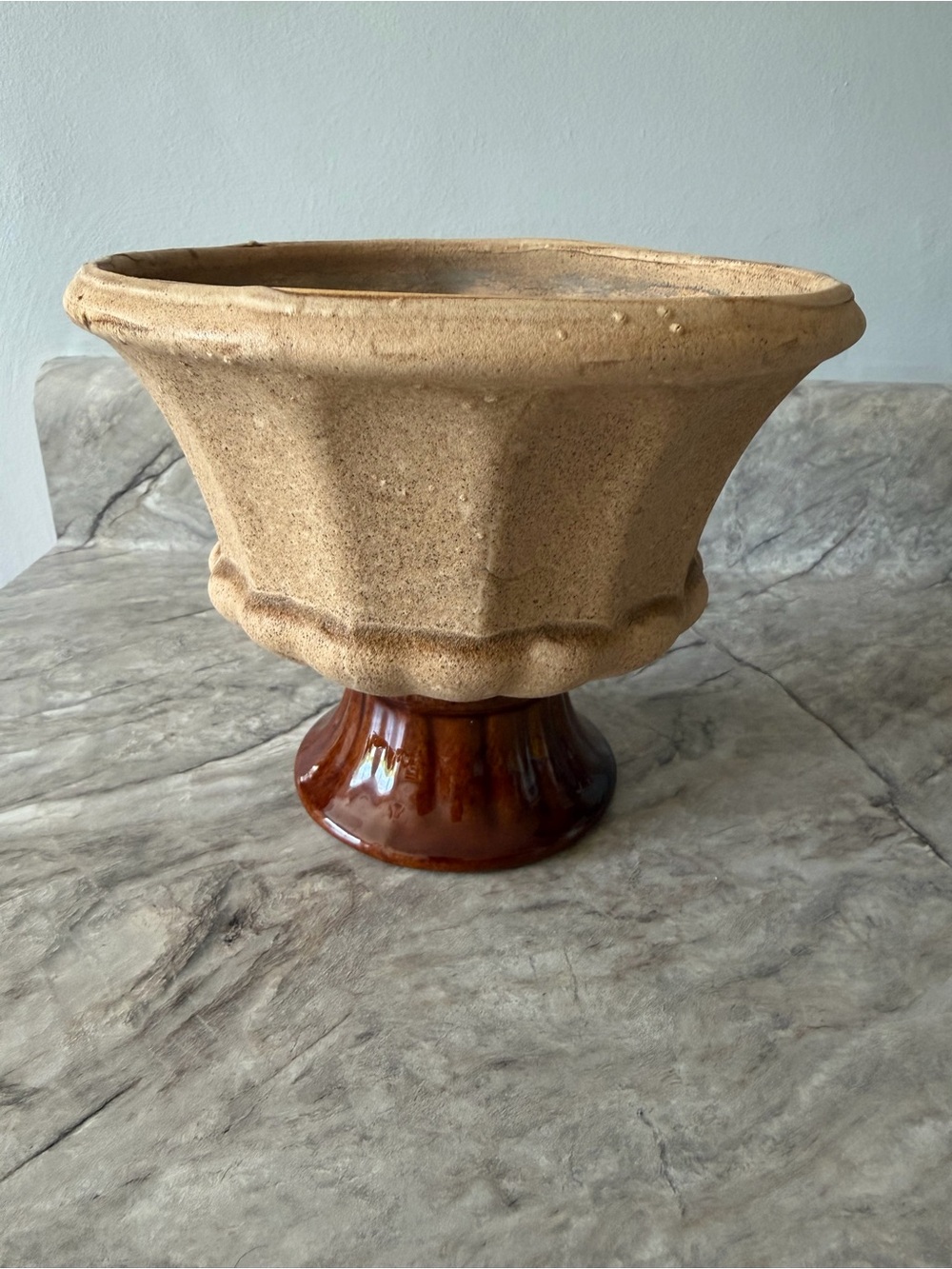 Vintage Haeger Footed Pedestal Planter Dark Brown Gloss Natural Stone